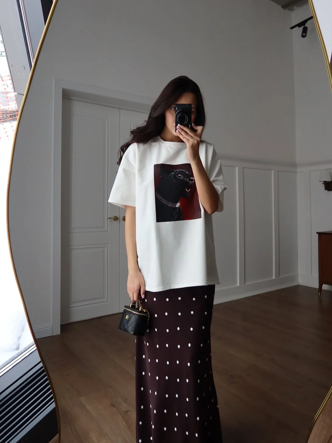 fall skirt and sneakers outfits 2026 Graphic Tee and Polka Dot Long Skirt Combination