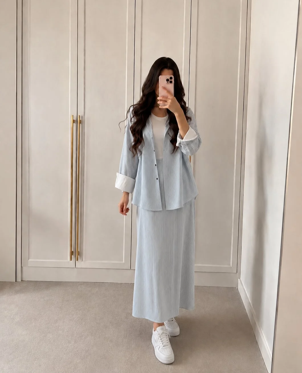 fall skirt and sneakers outfits 2026 Striped Midi Skirt Set With Crisp White Sneakers