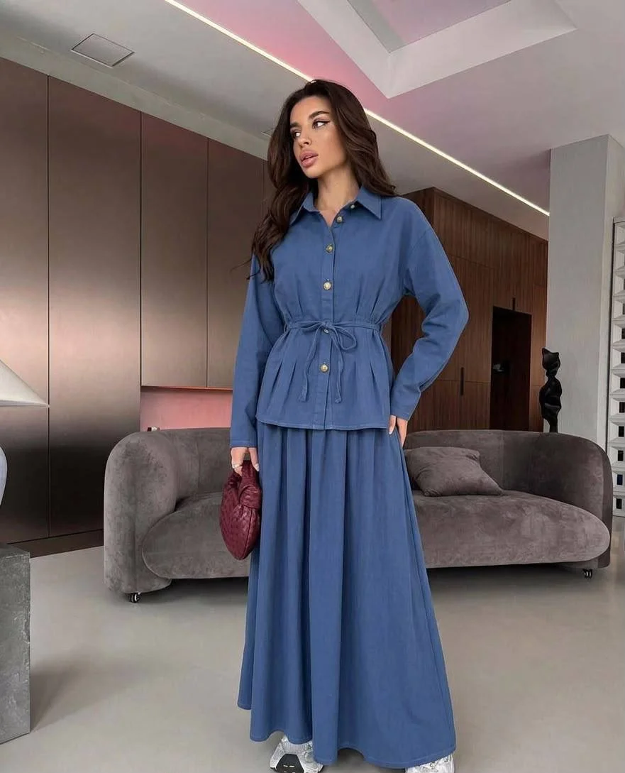 fall skirt and sneakers outfits 2026 Blue Skirt Set With Sneakers for Everyday Elegance