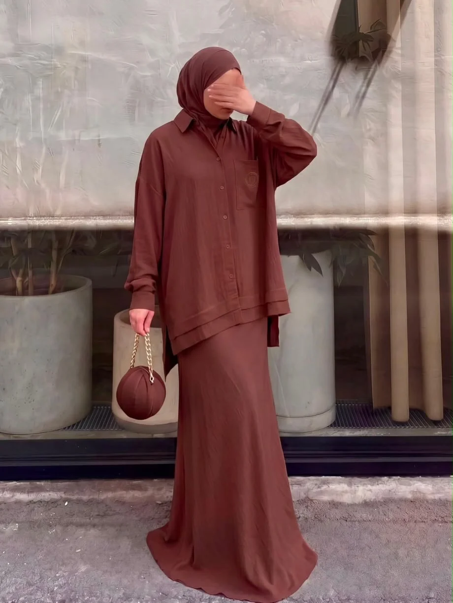 fall skirt and sneakers outfits 2026 Chocolate Brown Long Skirt and Sneakers Set