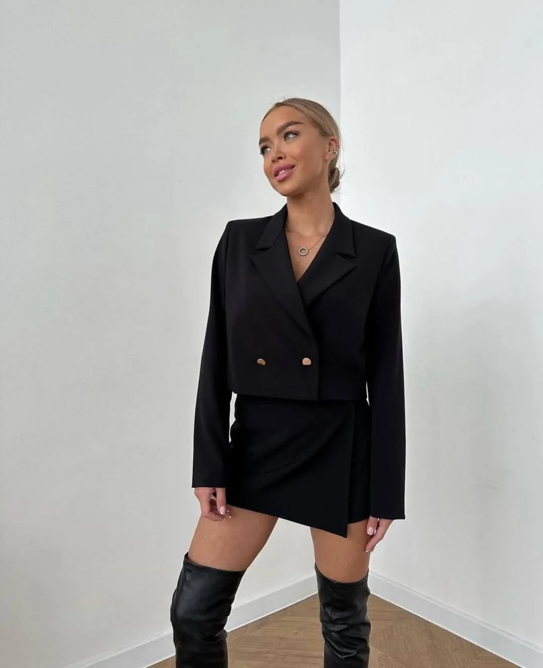fall smart casual office outfits women 2026 Modern Black Suit with Statement Boots