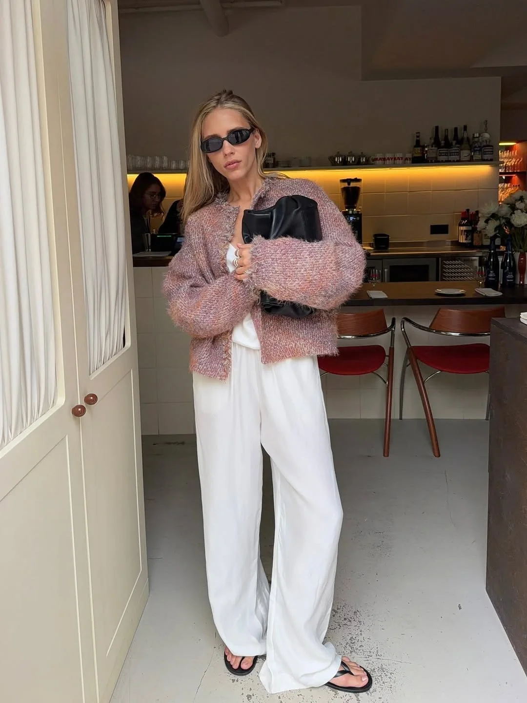 fall travel outfits 2026 Soft Knit Cardigan And Relaxed White Trousers