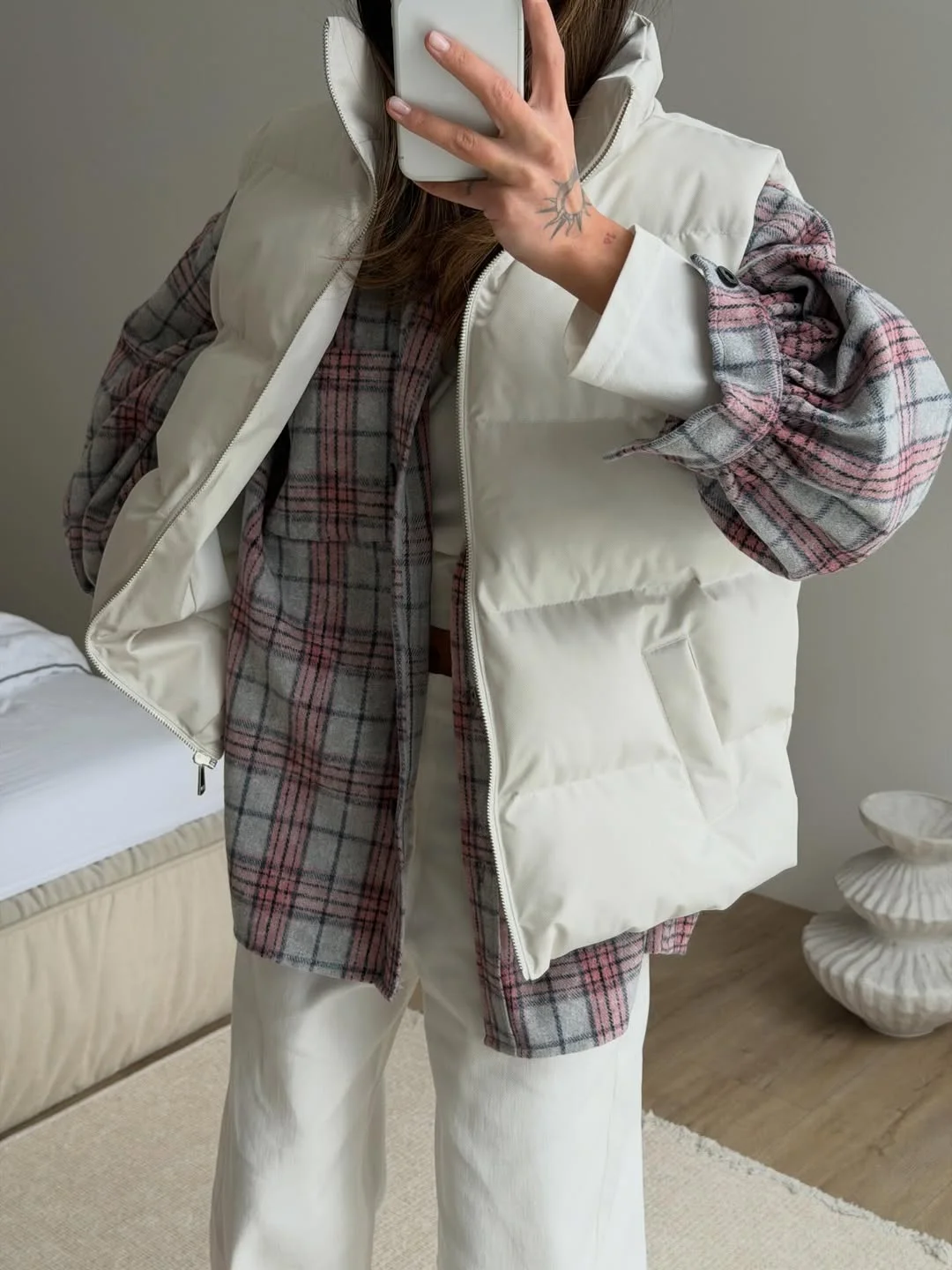 fall vest outfits for women 2026 Layered White Puffer and Plaid Textures