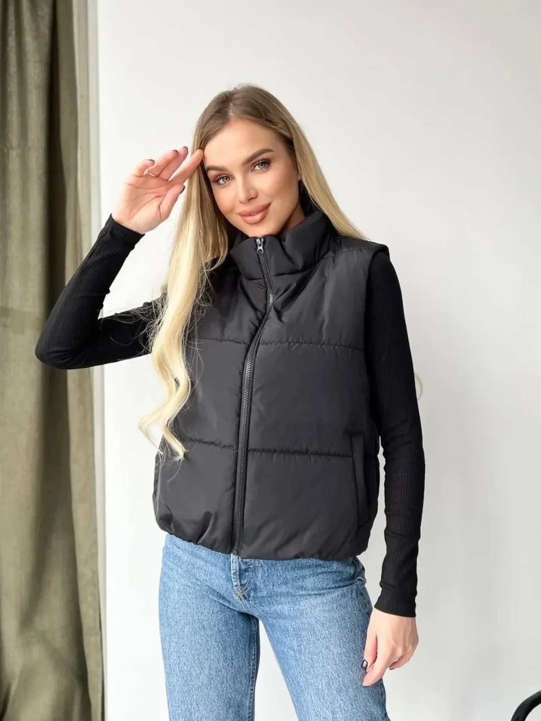 fall vest outfits for women 2026 Minimalist Black Puffer With Blue Jean Staples