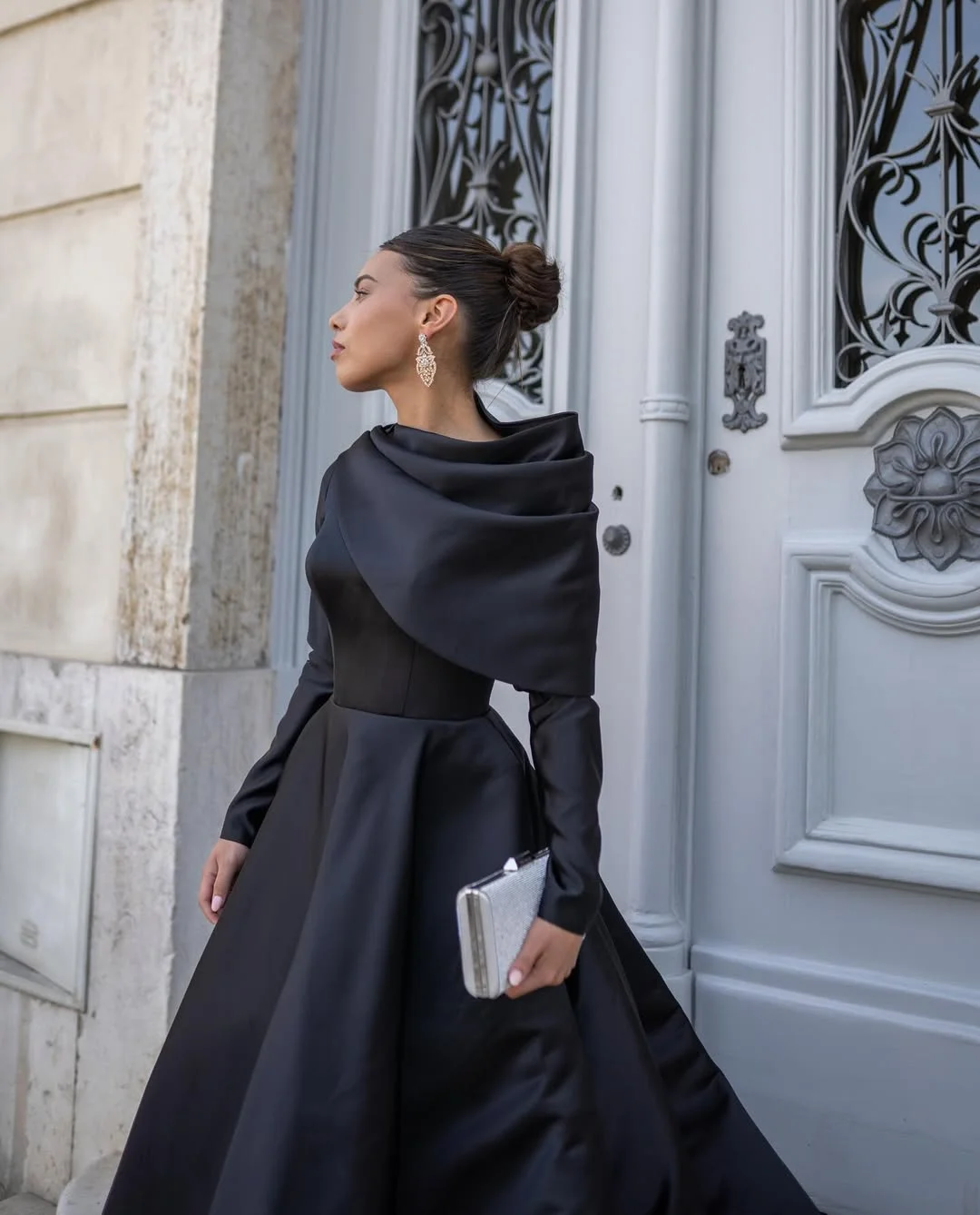 fall wedding guest dress 2026 Black Tie Elegance with Dramatic Long Sleeves