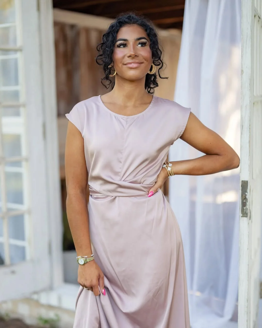 fall wedding guest dress 2026 Soft Blush Draping for Refined Autumn Elegance