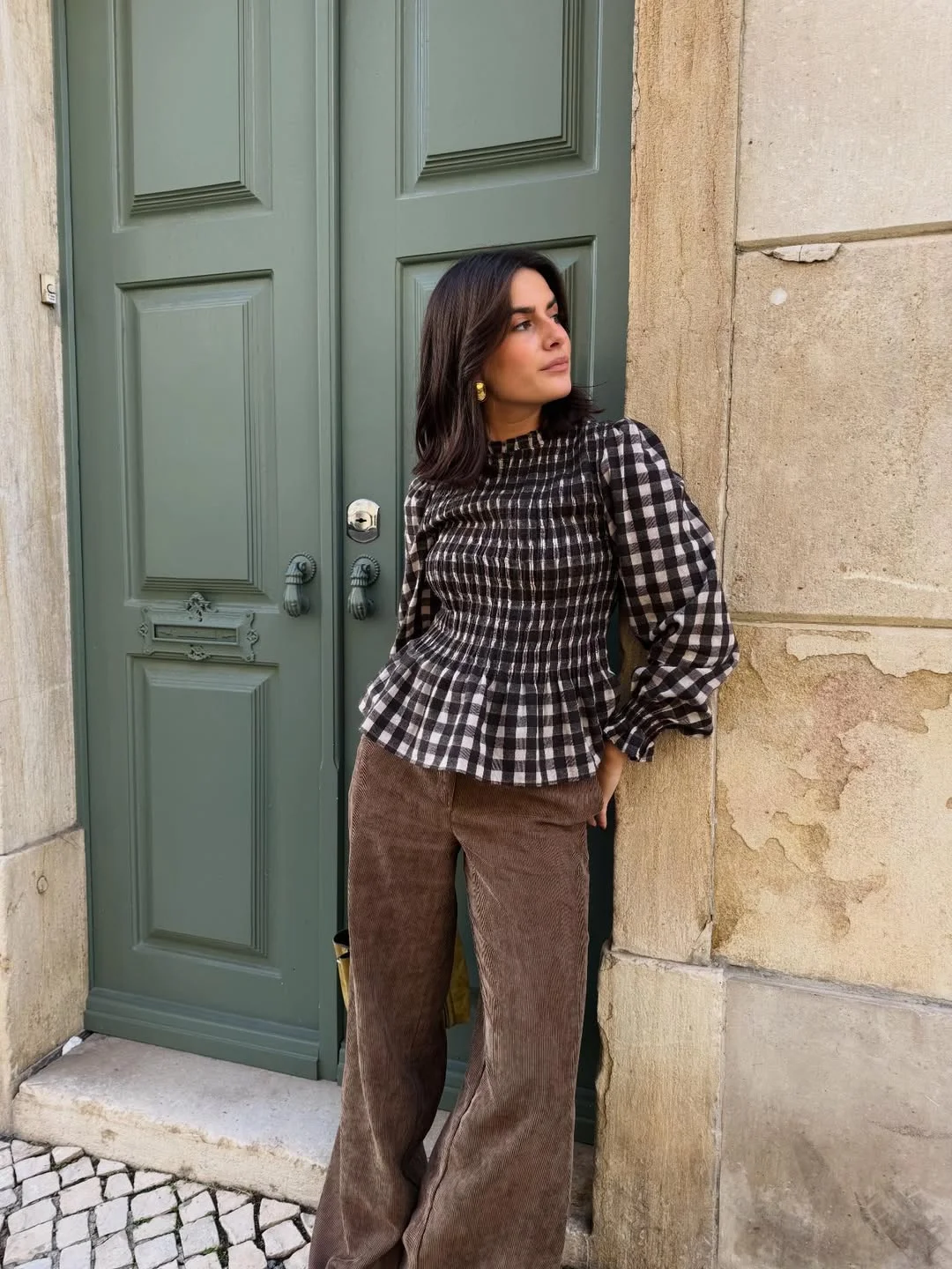 fall work outfits 2026 Gingham Texture and Corduroy Confidence