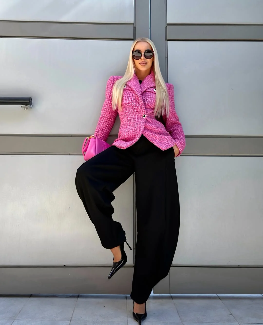 july fashion trends 2026 Pink Texture Meets Sharp Black Tailoring