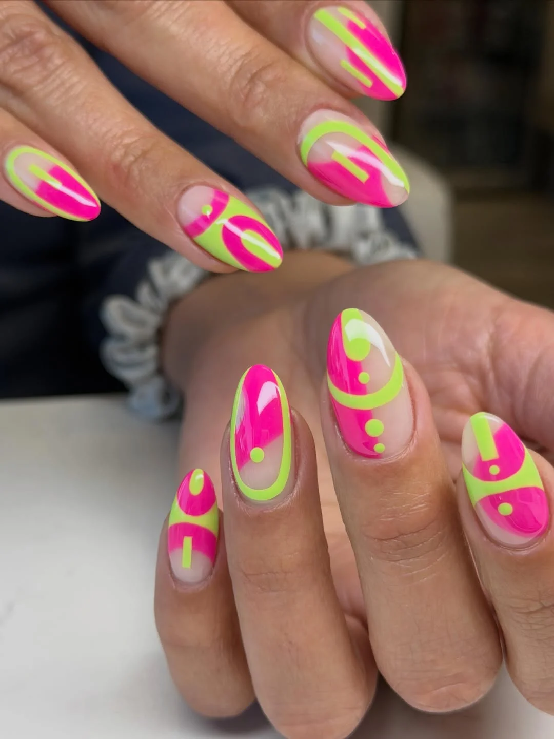 july nail colours ideas 2026 Neon Pink and Lime Swirl Nails for Bold July Days