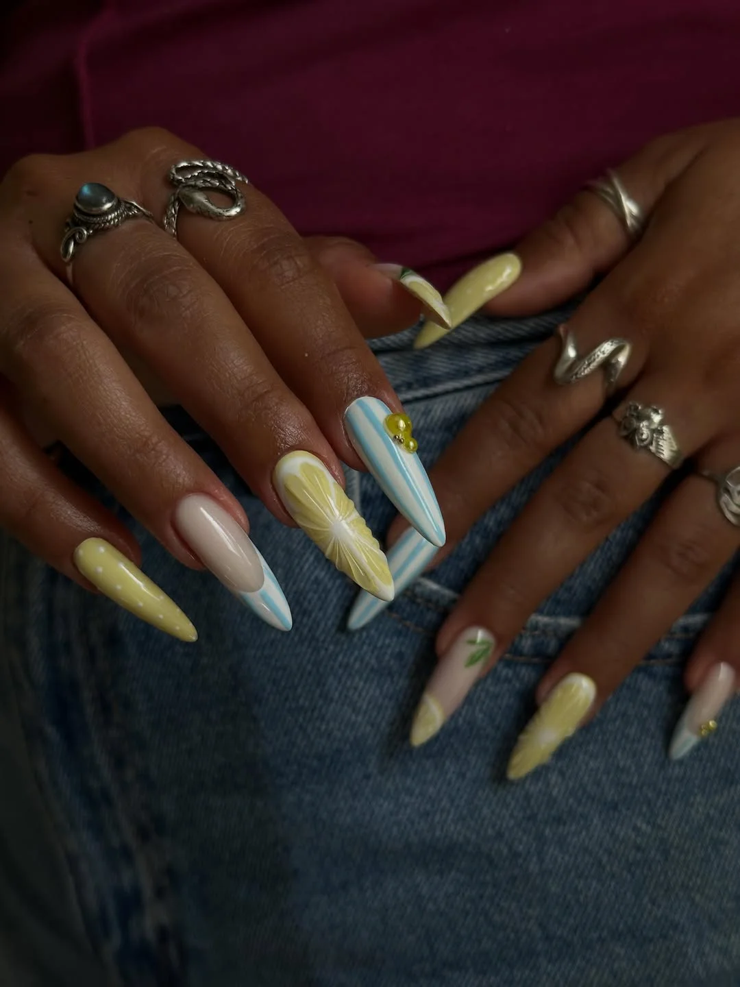 july nail colours ideas 2026 Lemon Sorbet and Sky Blue Summer Mix