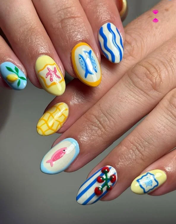 july nails design ideas 2026 Coastal Postcard Summer Nails
