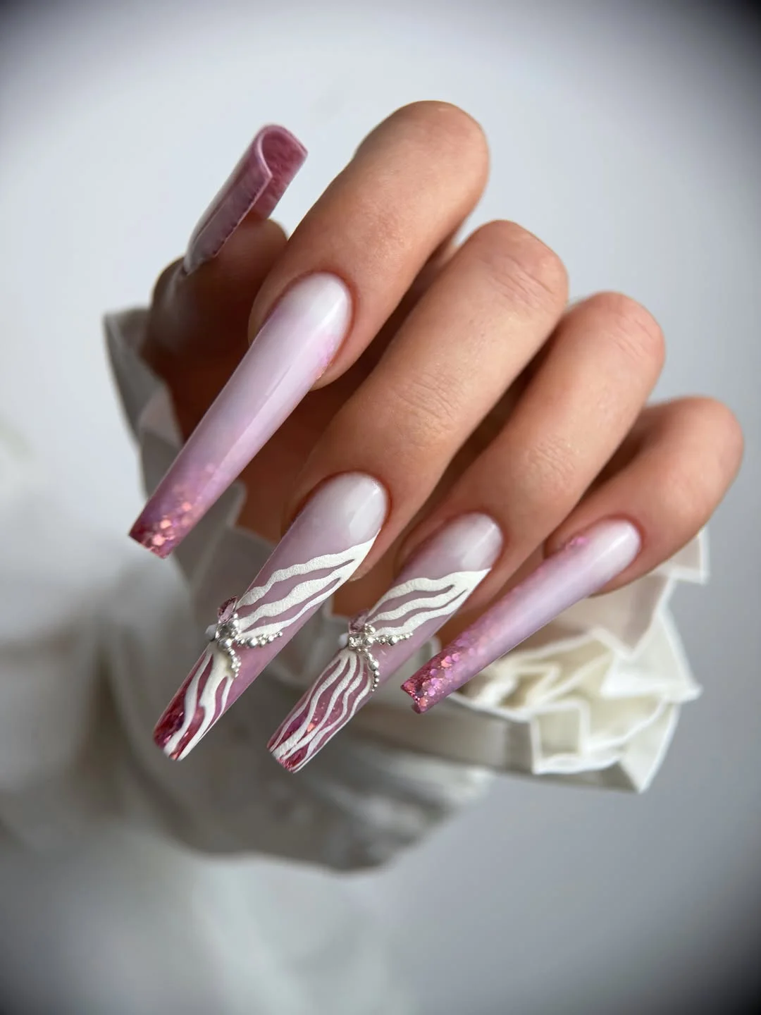 june manicure ideas 2026 Pink Butterfly Fantasy With Glitter Tips