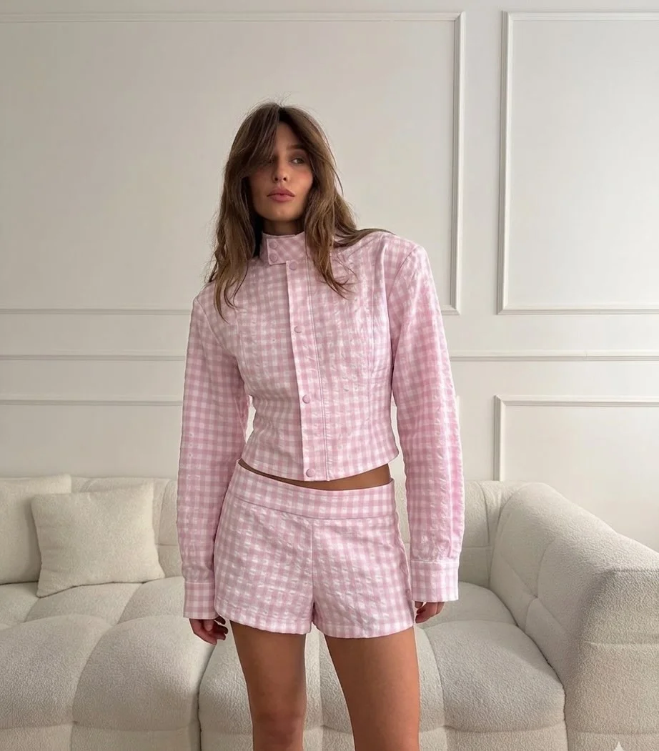 new trends: fall fashion 2026 Soft Pink Checks Bring Playful Tailoring