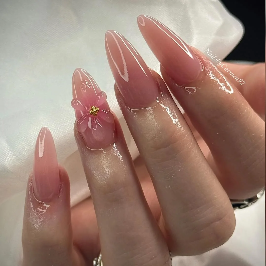 plain summer nails 2026 Glossy Blush Almond Nails
