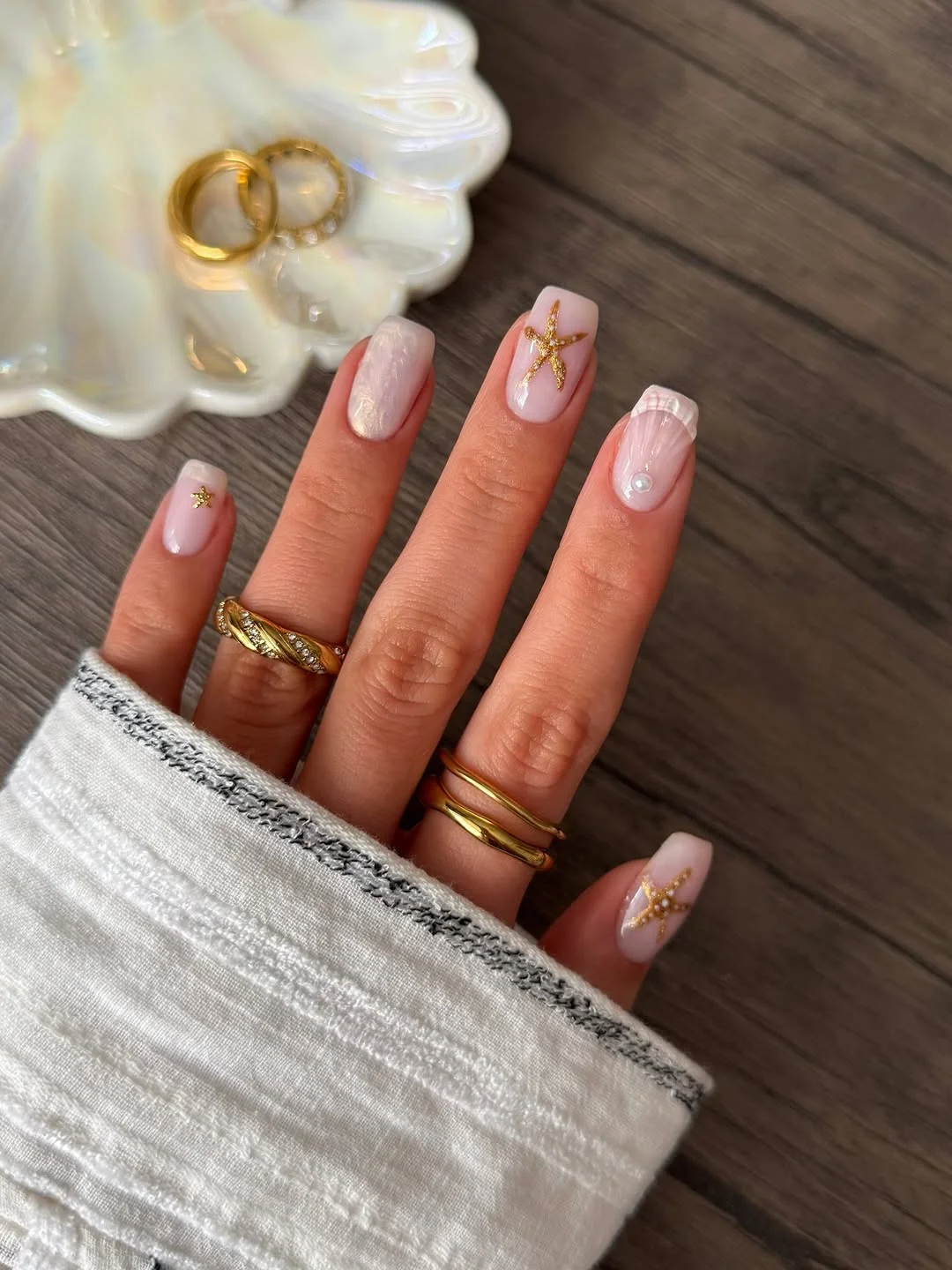 starfish summer nails 2026 White and Gold Coastal Elegance