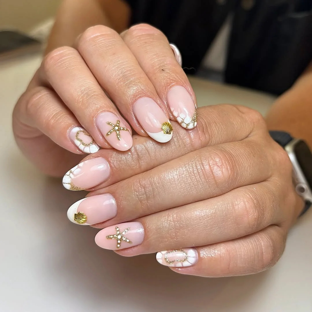 starfish summer nails 2026 Elegant White and Gold Shoreline French Tips