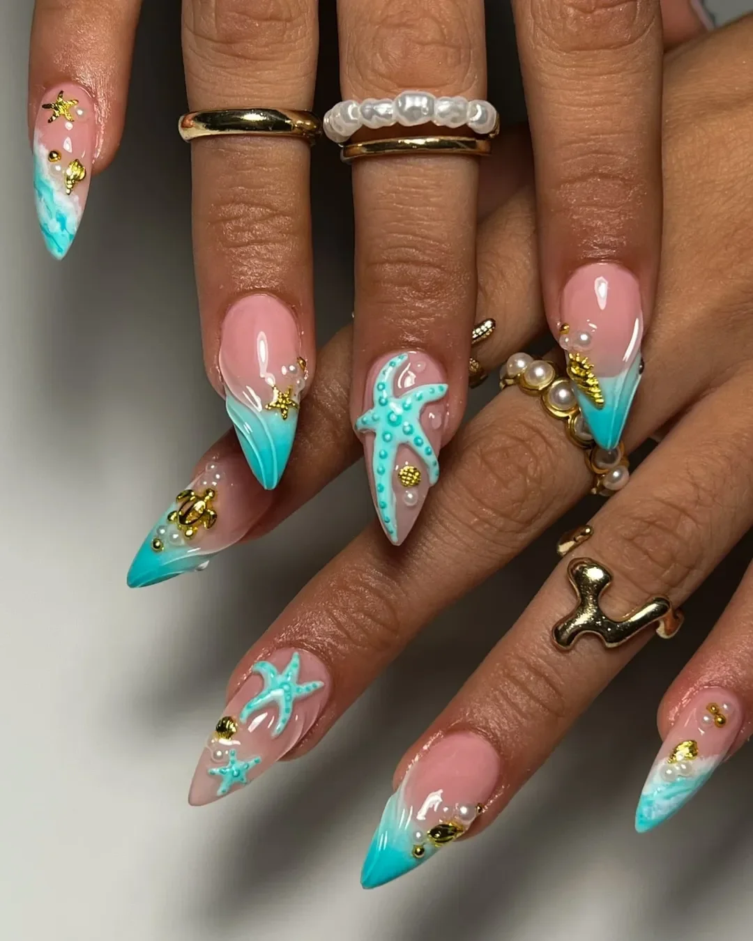 starfish summer nails 2026 Turquoise Starfish and Pearl Accents