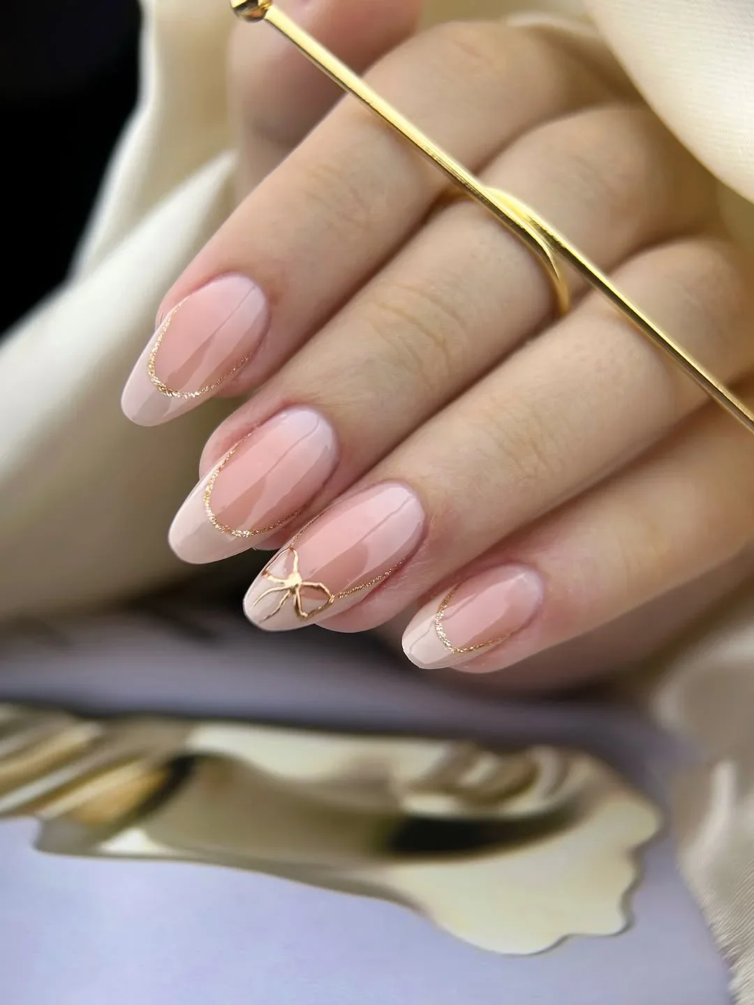 summer oval nails 2026 Blush Pink Nails with Delicate Gold Lines
