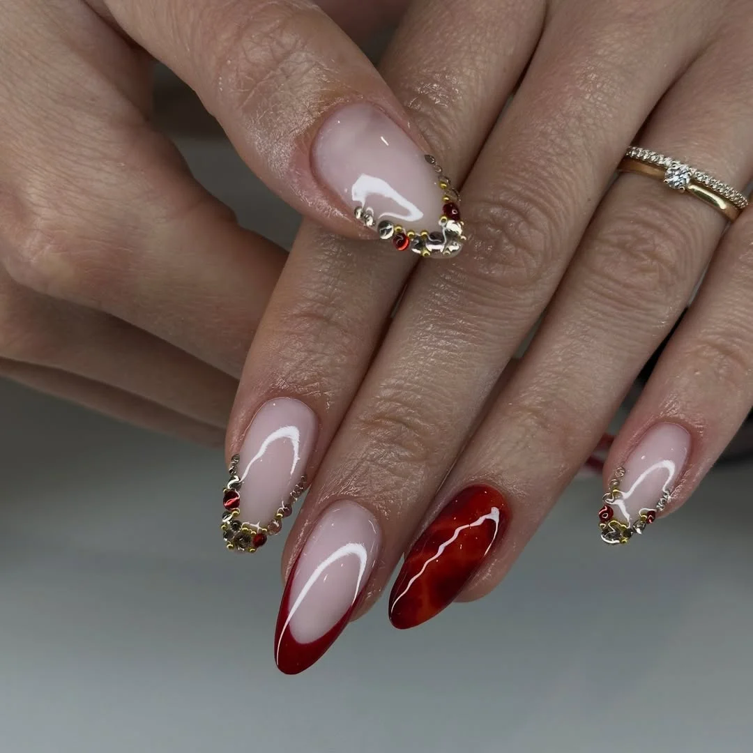 summer oval nails 2026 Ruby French Tips with Jewel Accents