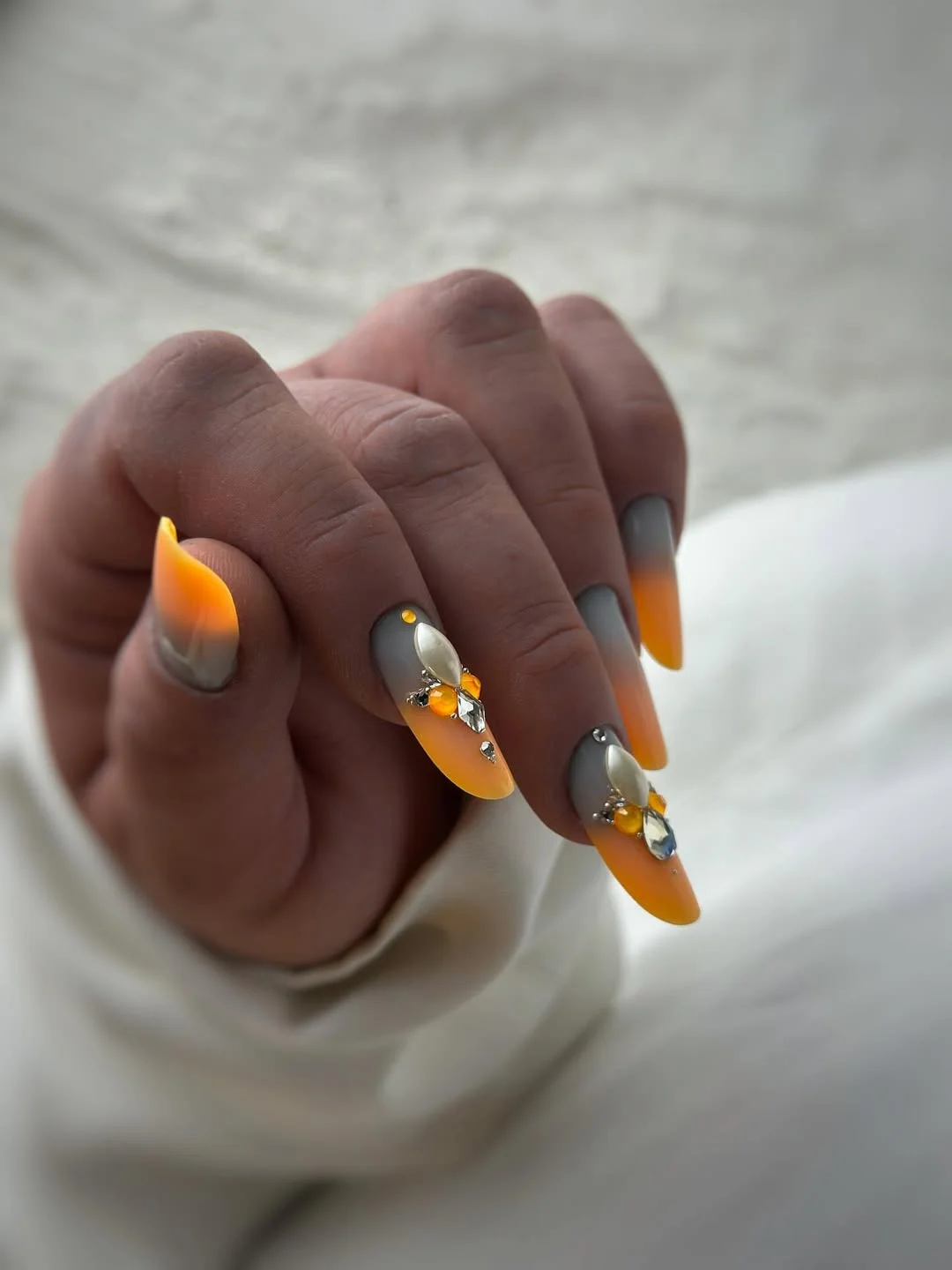 summer oval nails 2026 Sunset Yellow Ombre with Crystal Details