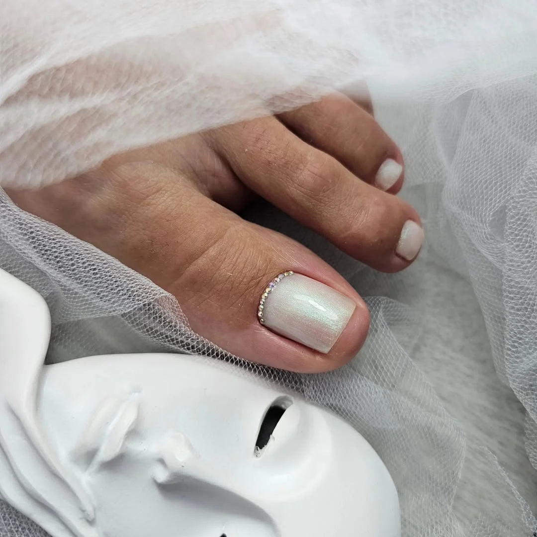 summer pedicure nail art 2026 Pearl White Glow With Crystal Detail