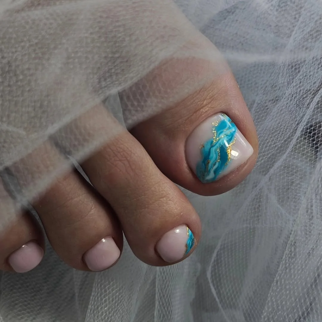 summer pedicure nail art 2026 Turquoise Ocean Marble Accent