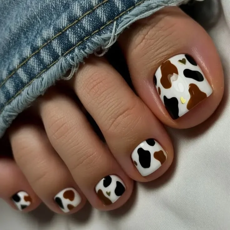 summer toe nails design ideas 2026 Modern Cow Print Pedicure