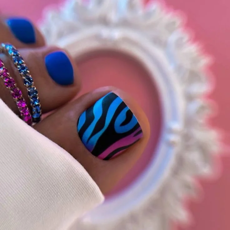 summer toe nails design ideas 2026 Electric Blue Zebra Pedicure