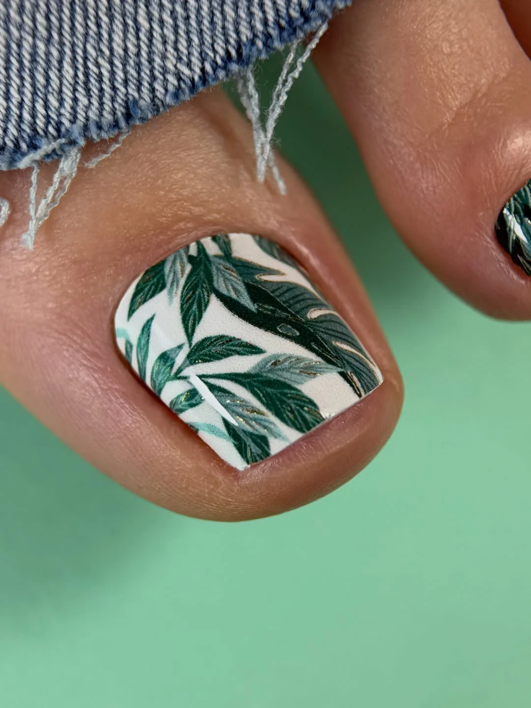 summer toe nails design ideas 2026 Tropical Green Leaf Pedicure