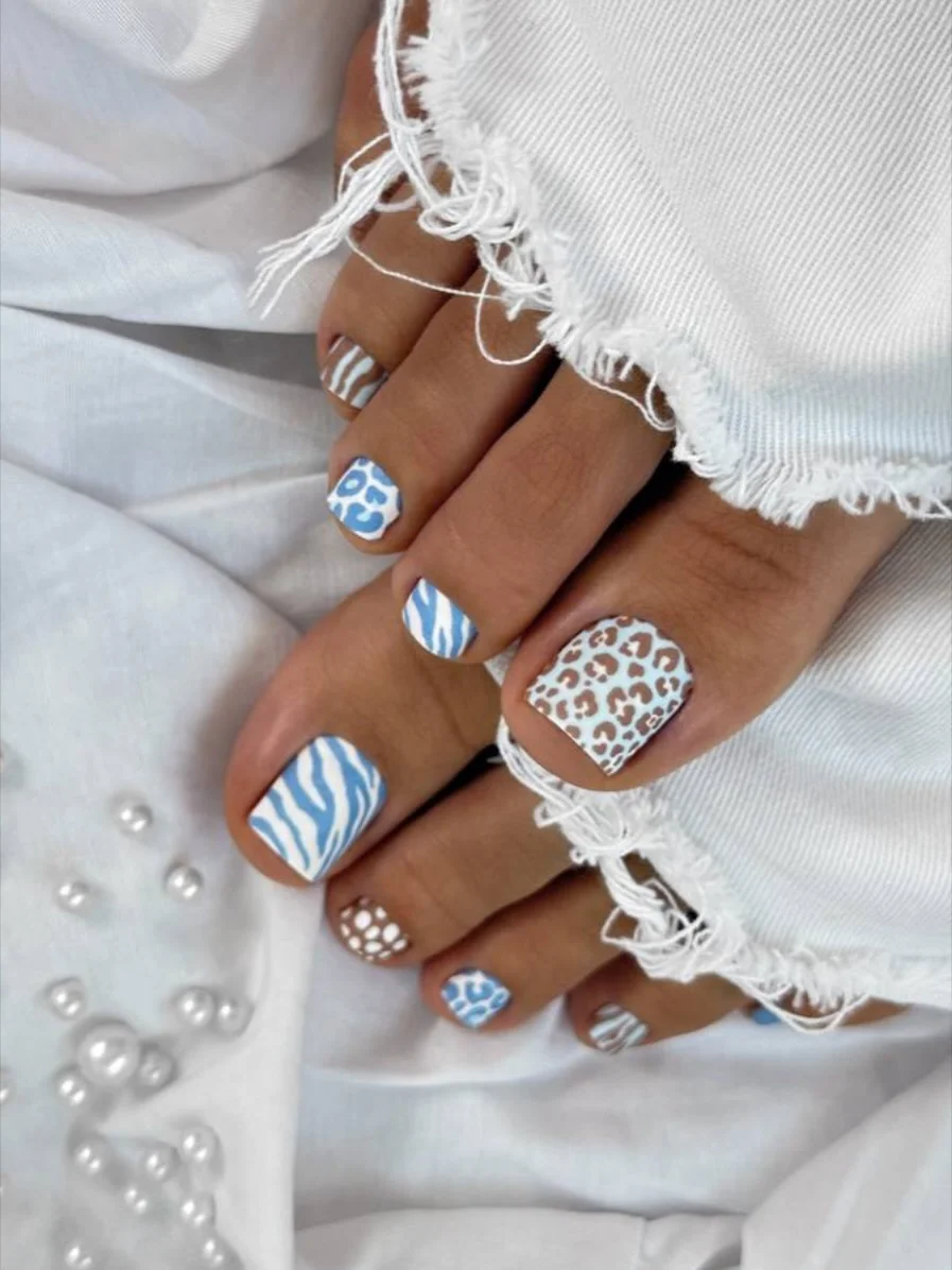 summer toe nails design ideas 2026 Blue Safari Mix Pedicure
