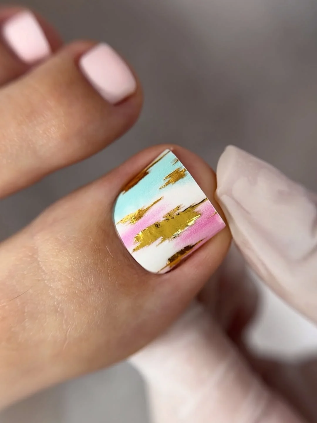 summer toe nails design ideas 2026 Pastel Gold Brushstroke Pedicure