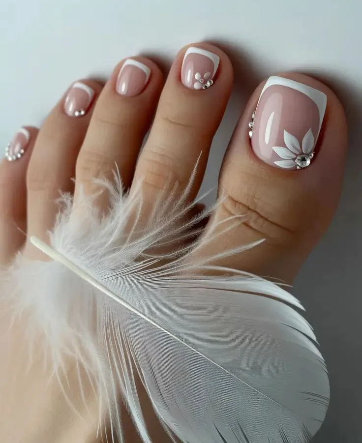 summer white french toes 2026 Floral French Toes With Rhinestone Accents
