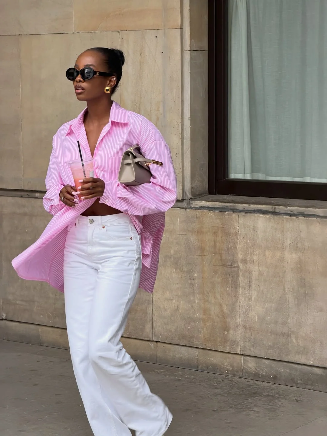 what are the best fall outfits for casual days? Pink Stripes And White Denim For Warm Fall Days