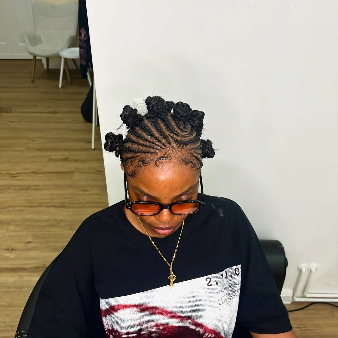 bantu knots hairstyles Curved Cornrows Into Bantu Knots