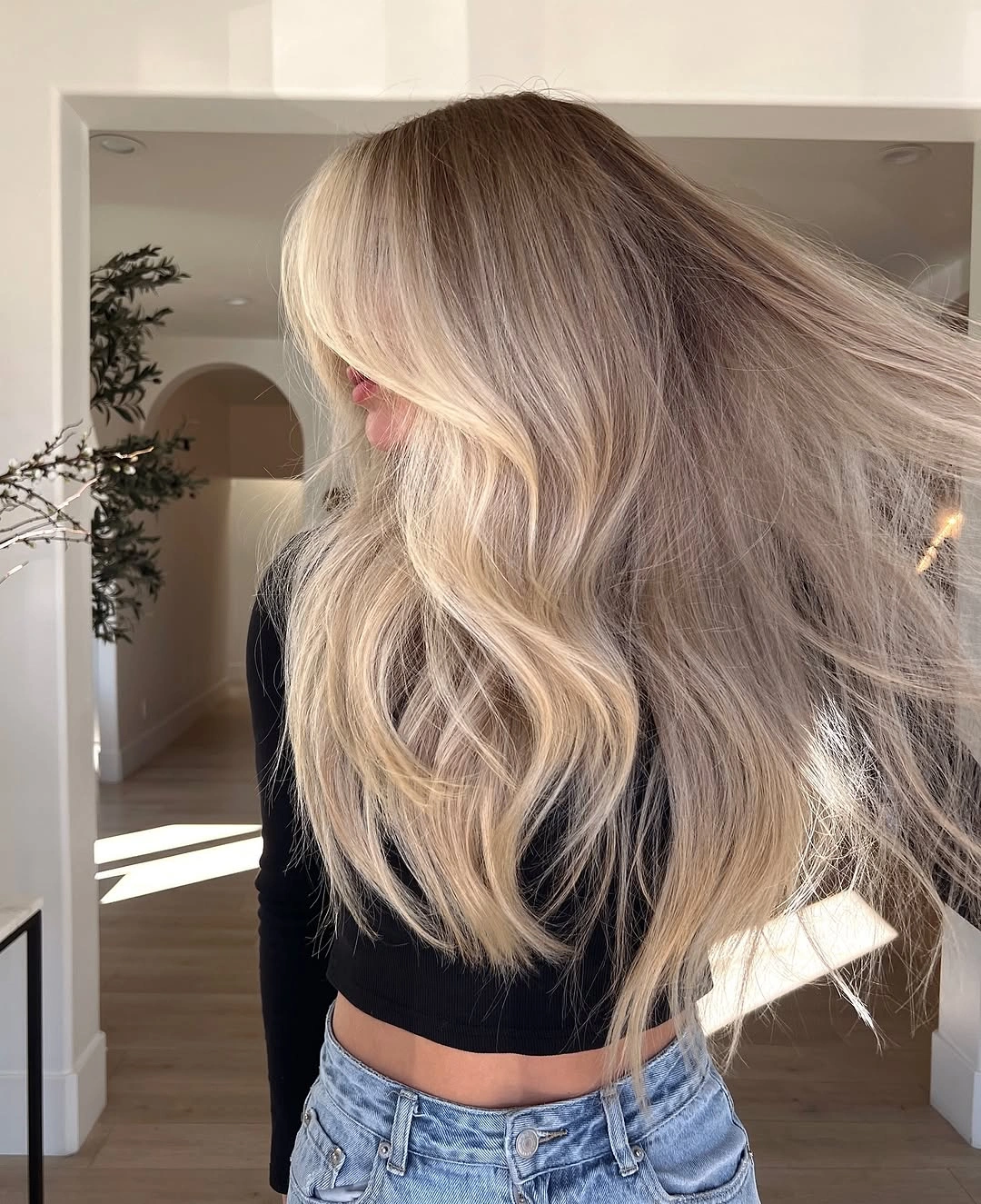 beige blond hair color Long Smoky Beige Blonde With Effortless Flow