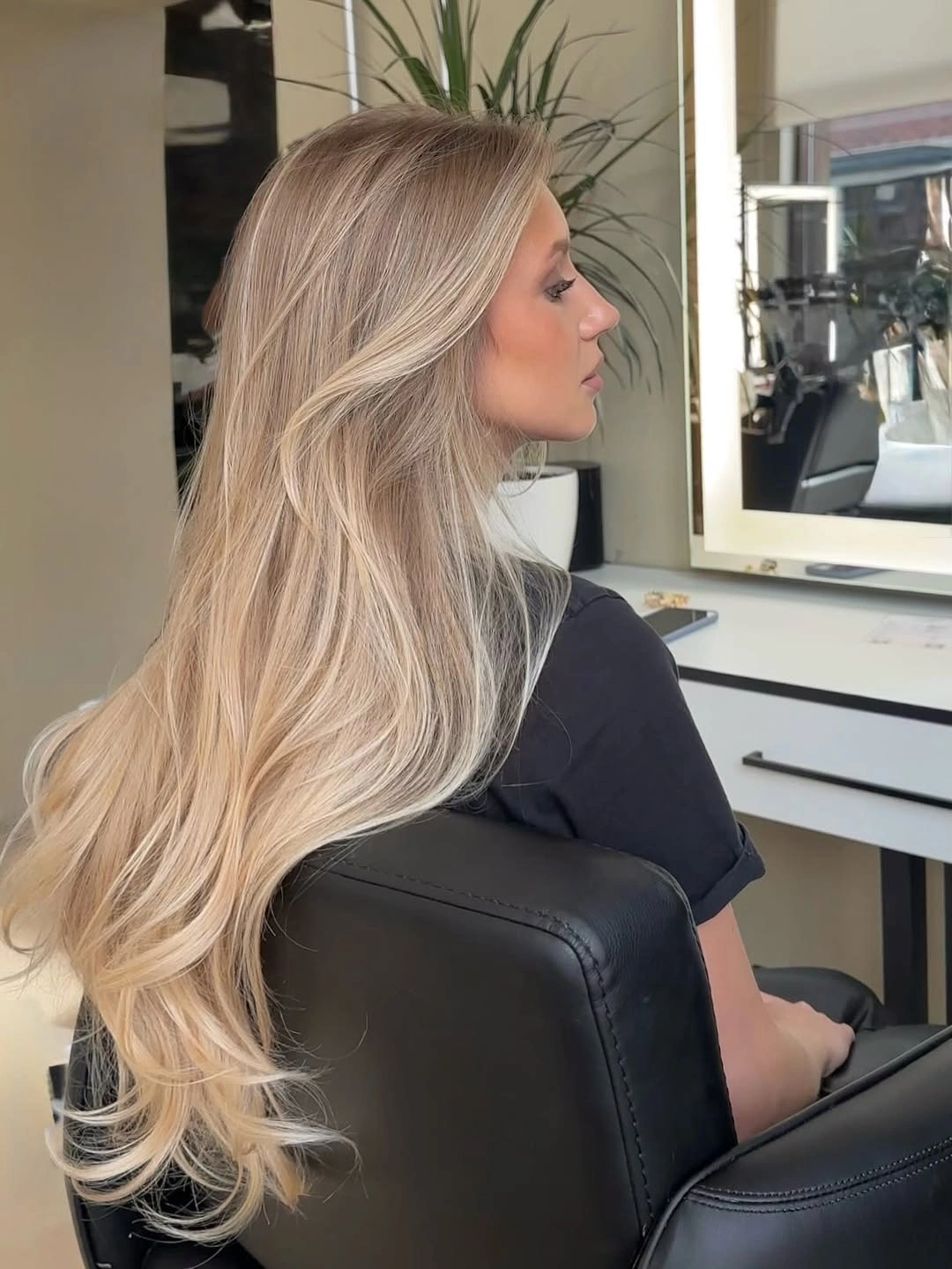 beige blond hair color Silky Beige Blonde With Flowing Length