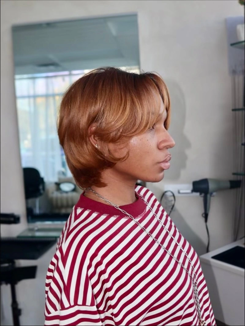 bob hairstyles for black women Soft Copper Layered Bob with Curtain Bangs