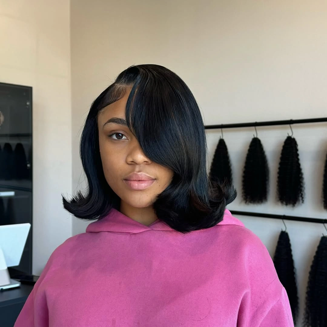 bob hairstyles for black women Side-Swept Angled Bob with Glossy Movement