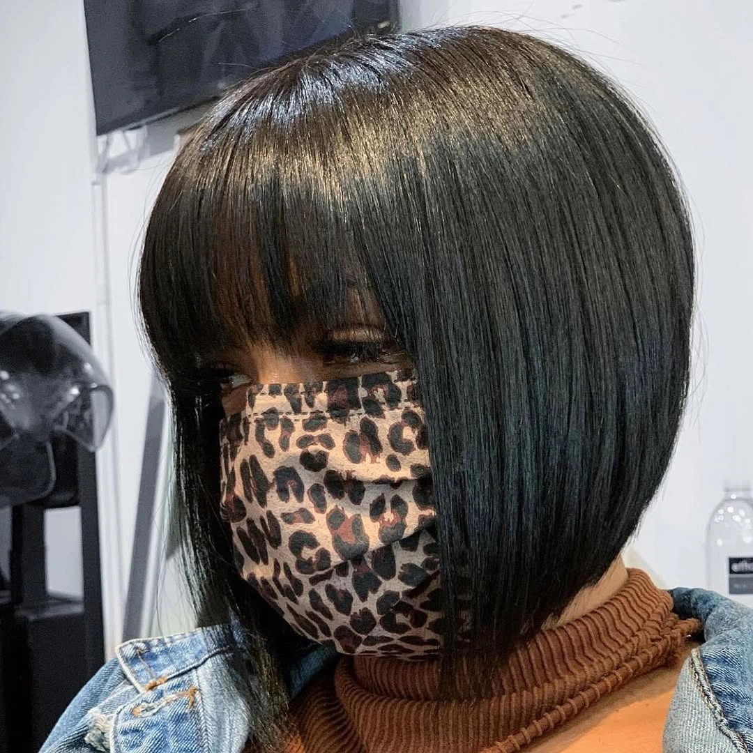 bob hairstyles for black women Sharp Angled Bob With Full Bangs