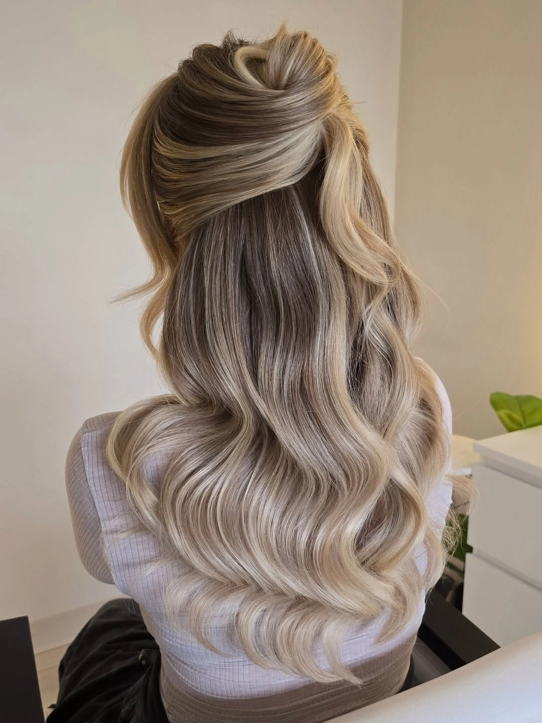 bridesmaid hairstyling Soft Half Up Waves With Dimensional Blonde