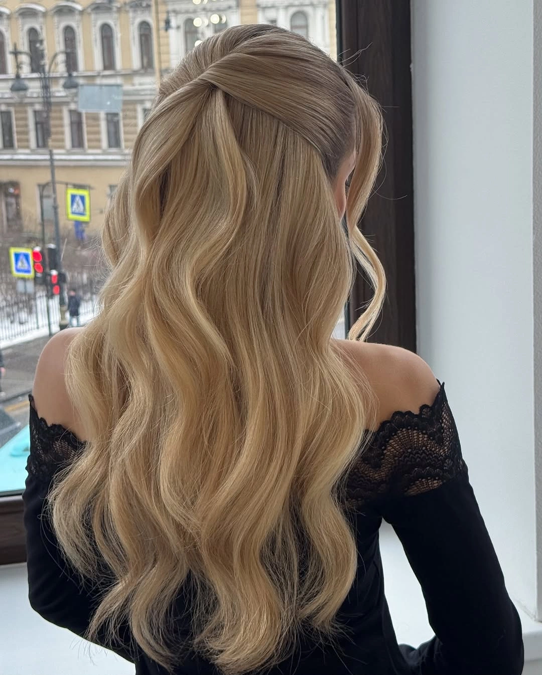 bridesmaid hairstyling Elegant Half Up Hollywood Waves