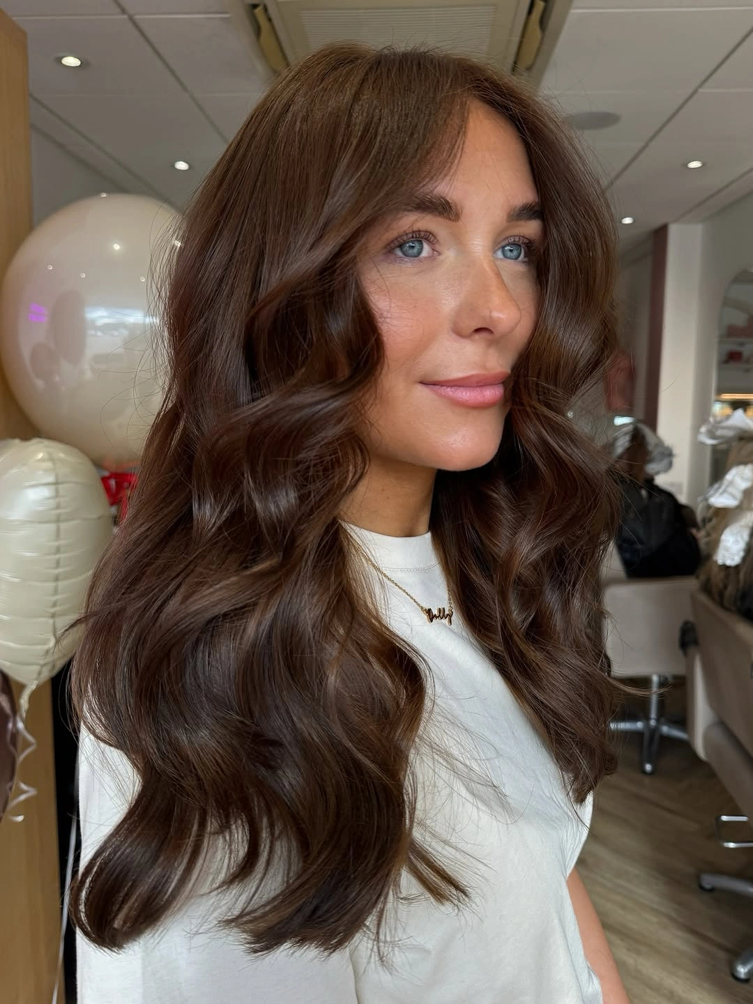 chestnut brown hair color Glossy Espresso Chestnut With Soft Curtain Bangs