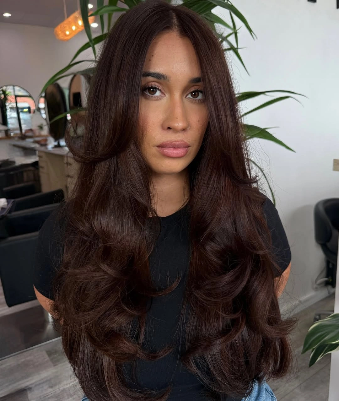 chestnut brown hair color Voluminous Butterfly Layers In Deep Chestnut