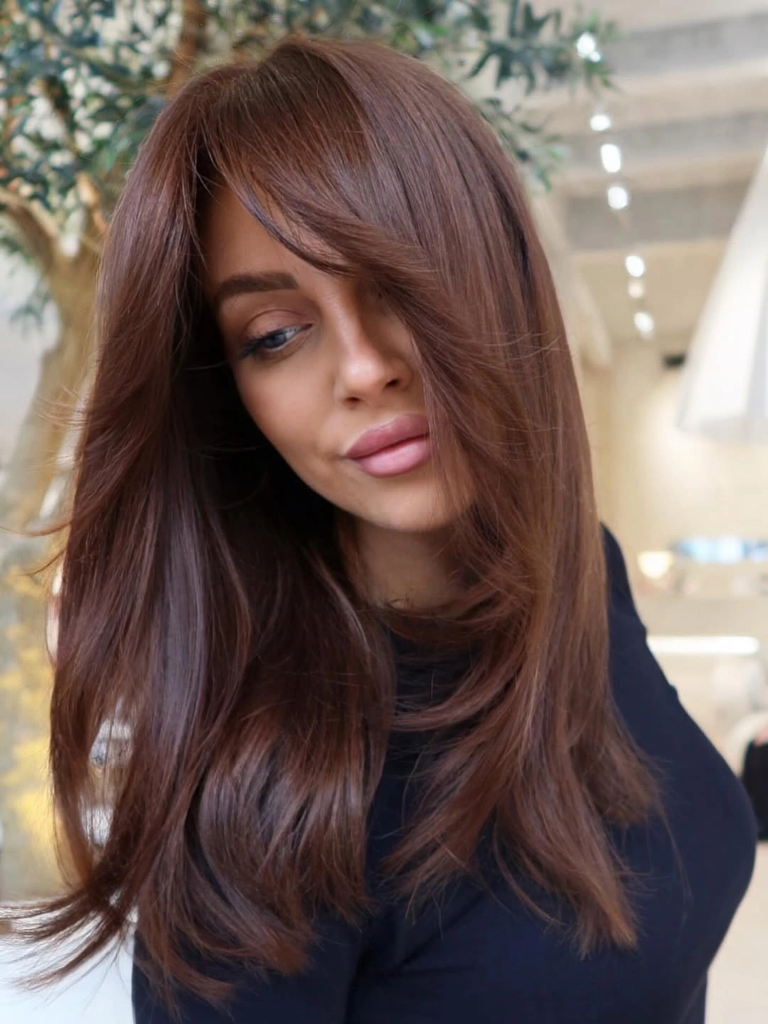 chestnut brown hair color Soft Chestnut With Face-Framing Sweep