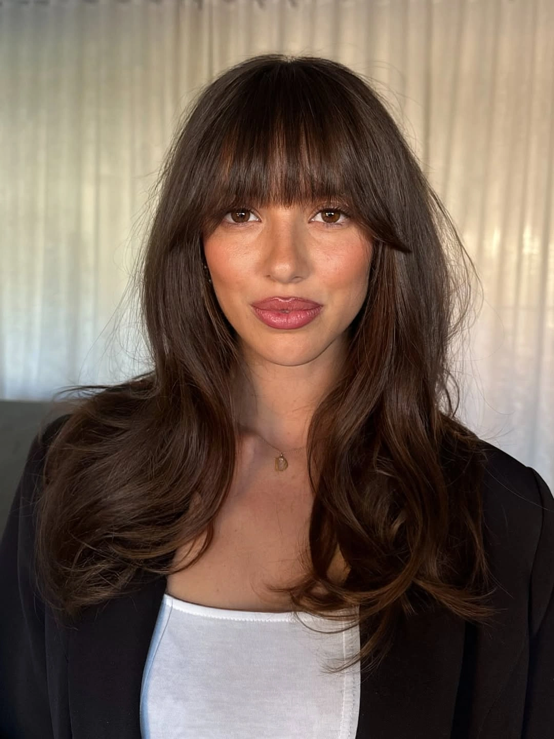 choppy medium layered hair Soft Chocolate Layers With Full Curtain Fringe