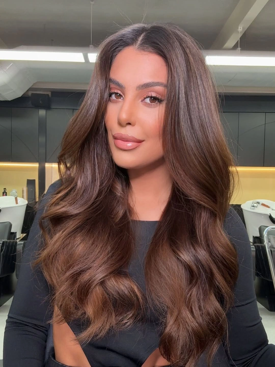 dimensional brunette hair color Chocolate Brunette With Soft Glossy Waves