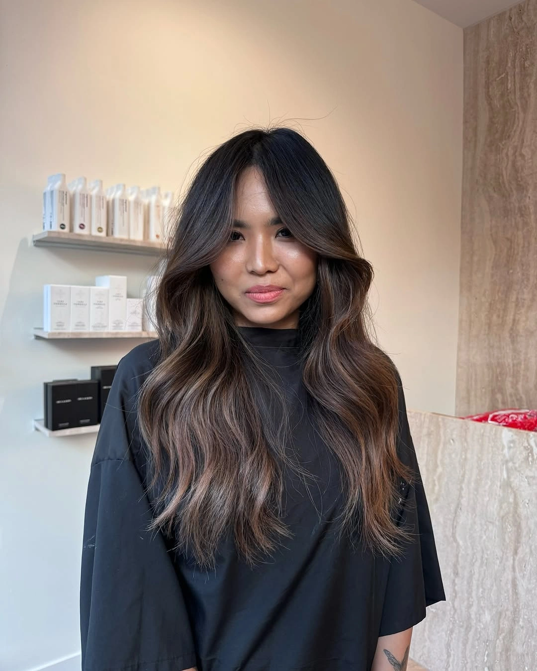 dimensional brunette hair color Soft Espresso Layers With Airy Curtain Bangs