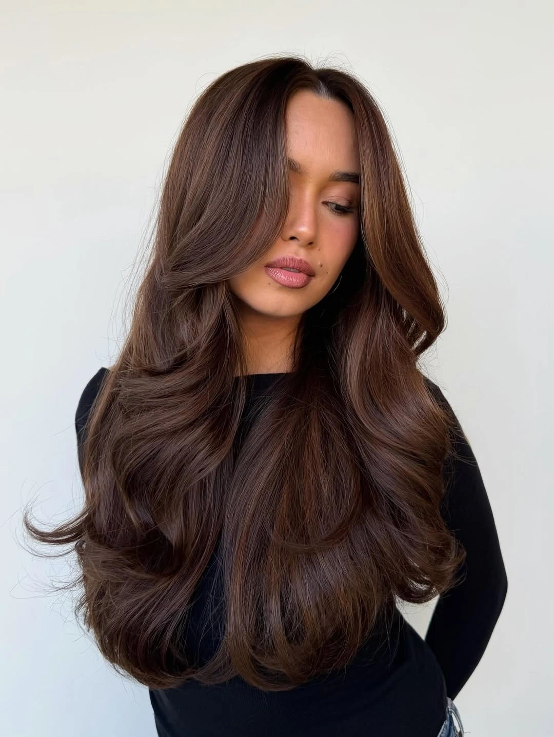 dimensional brunette hair color Velvety Chocolate Waves With Seamless Volume