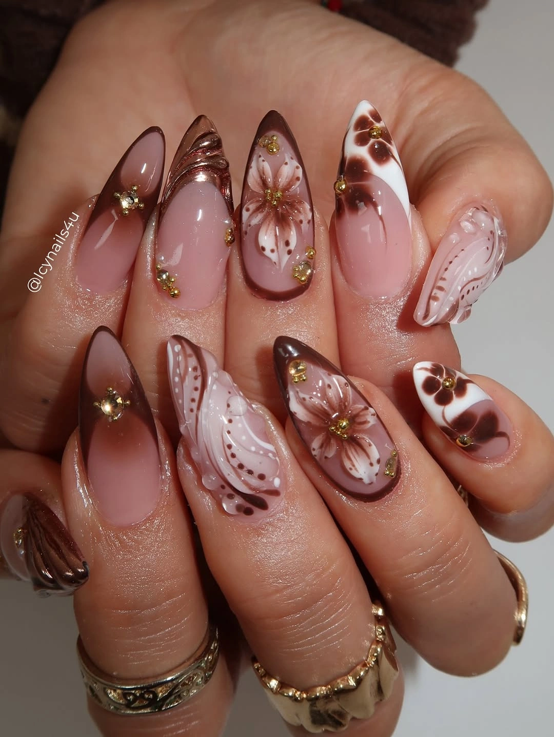 fall almond nails 2026 Soft Cocoa Floral Almond Nails That Feel Romantic