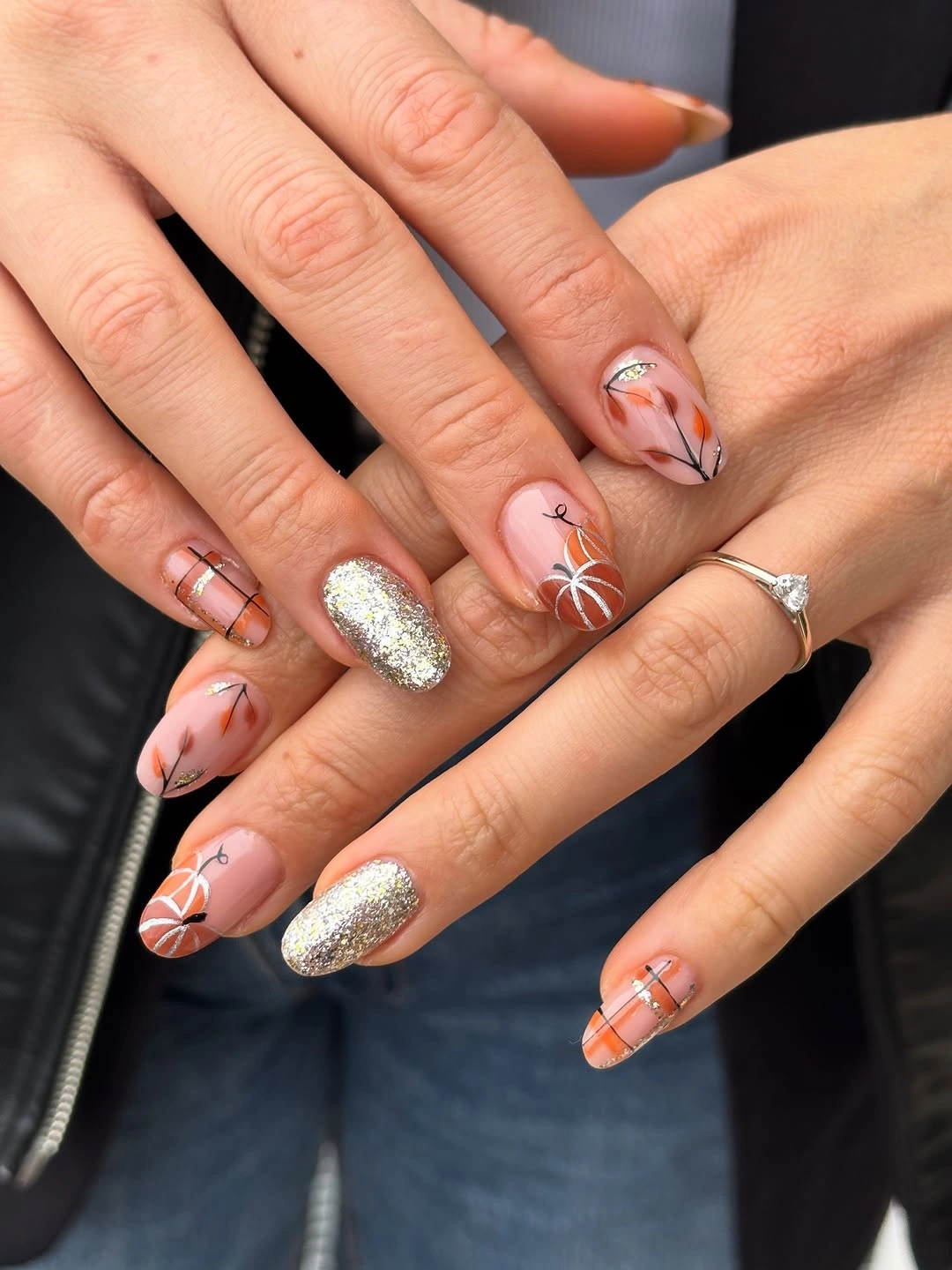 fall almond nails 2026 Elegant Pumpkin Accent Nails with Sparkling Autumn Details